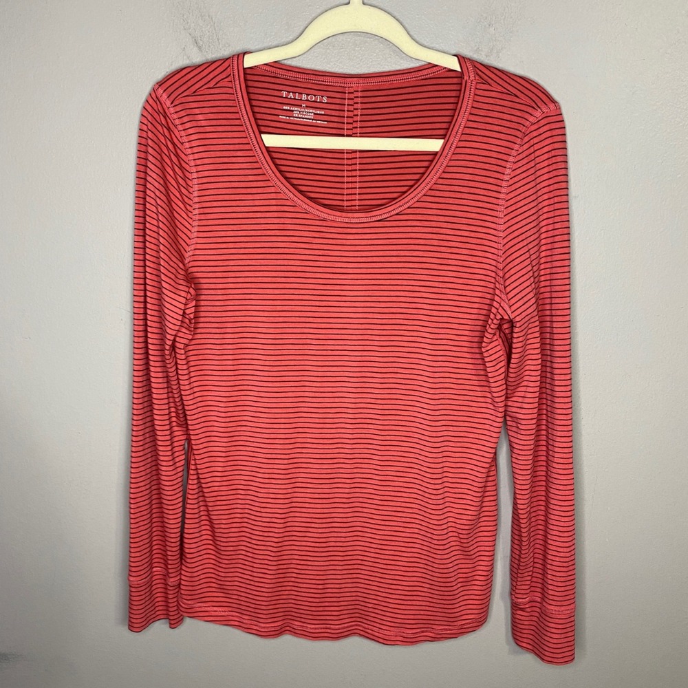 Talbots Womens Coral Navy Striped Long Sleeve Scoop Neck Top Size M Stretch Tee‎